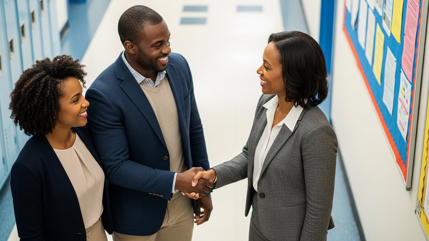 Advisors welcoming a parent and student