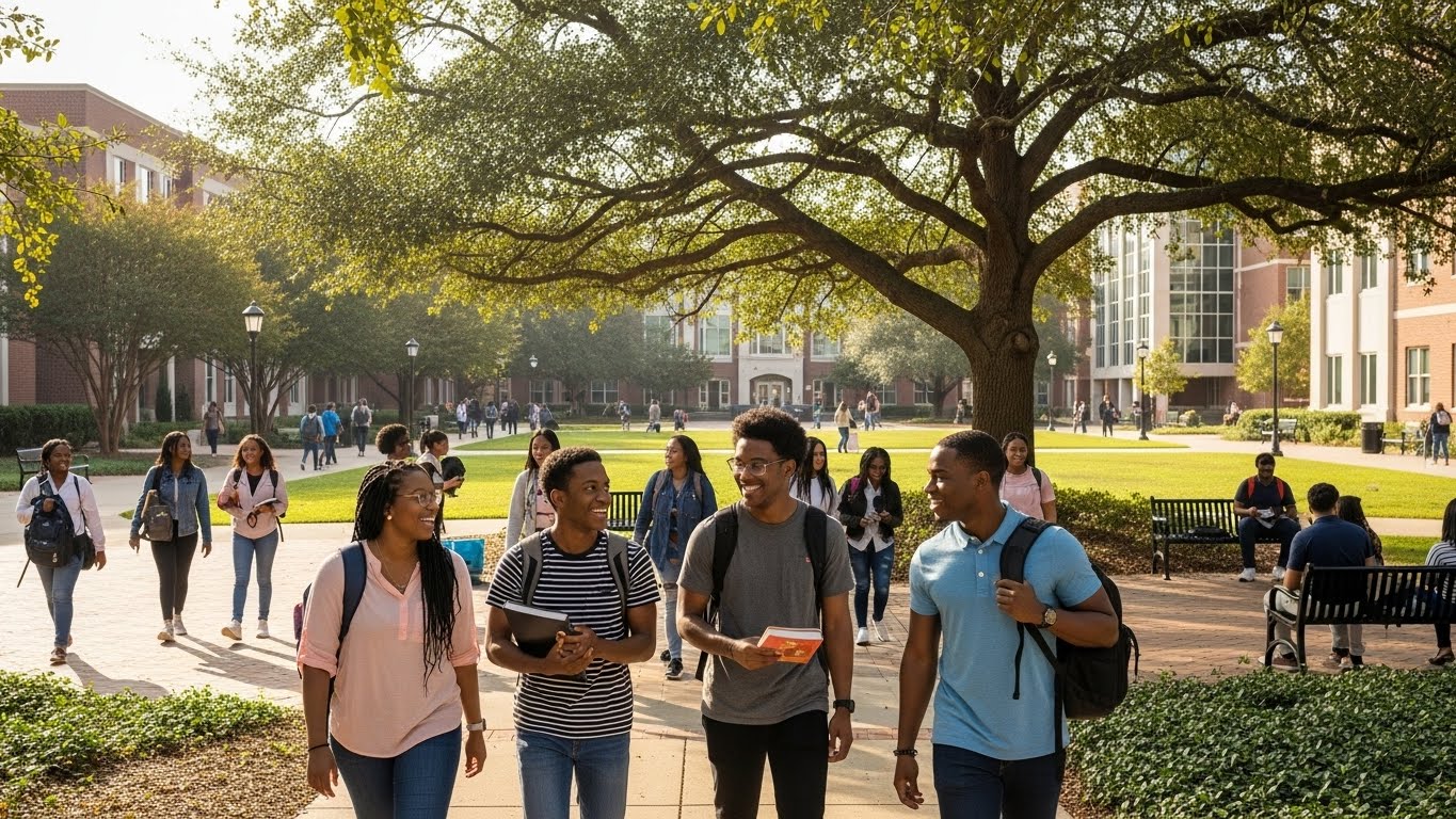 Students walking across a university campus